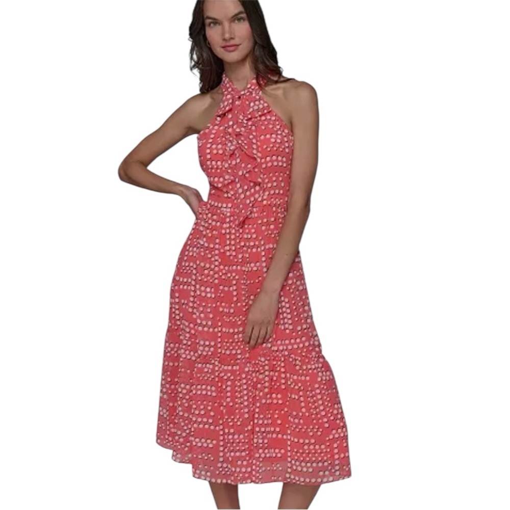 KARL LAGERFELD PARIS Bow-Neck Halter Midi Chiffon Dress Tangerine Size 6/8 NWT